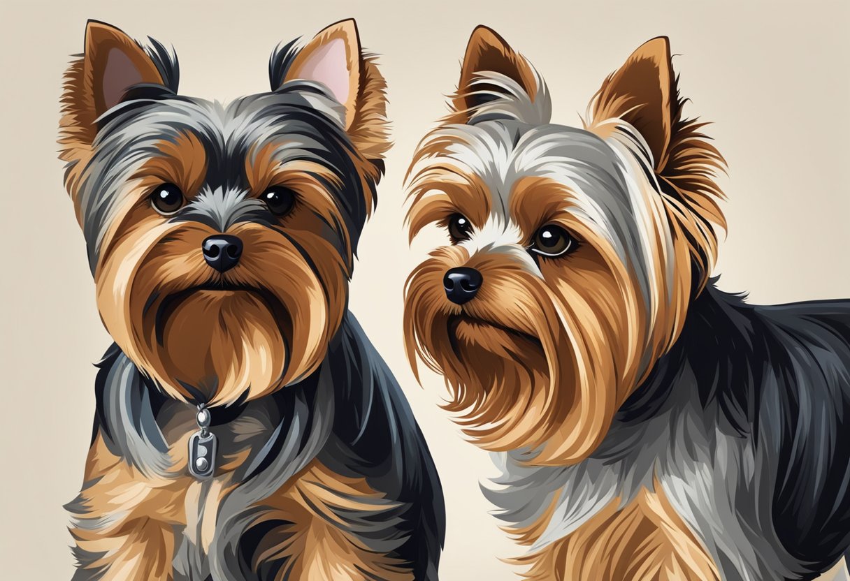 A male yorkie and a female yorkie stand facing each other, showcasing their distinctive features. The male exudes confidence with his strong build, while the female displays elegance with her petite frame