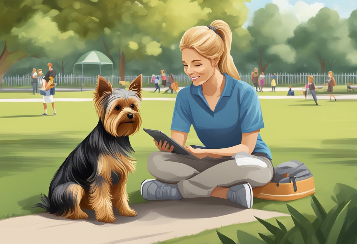 A male yorkie and a female yorkie engage in training and socialization activities in a park setting