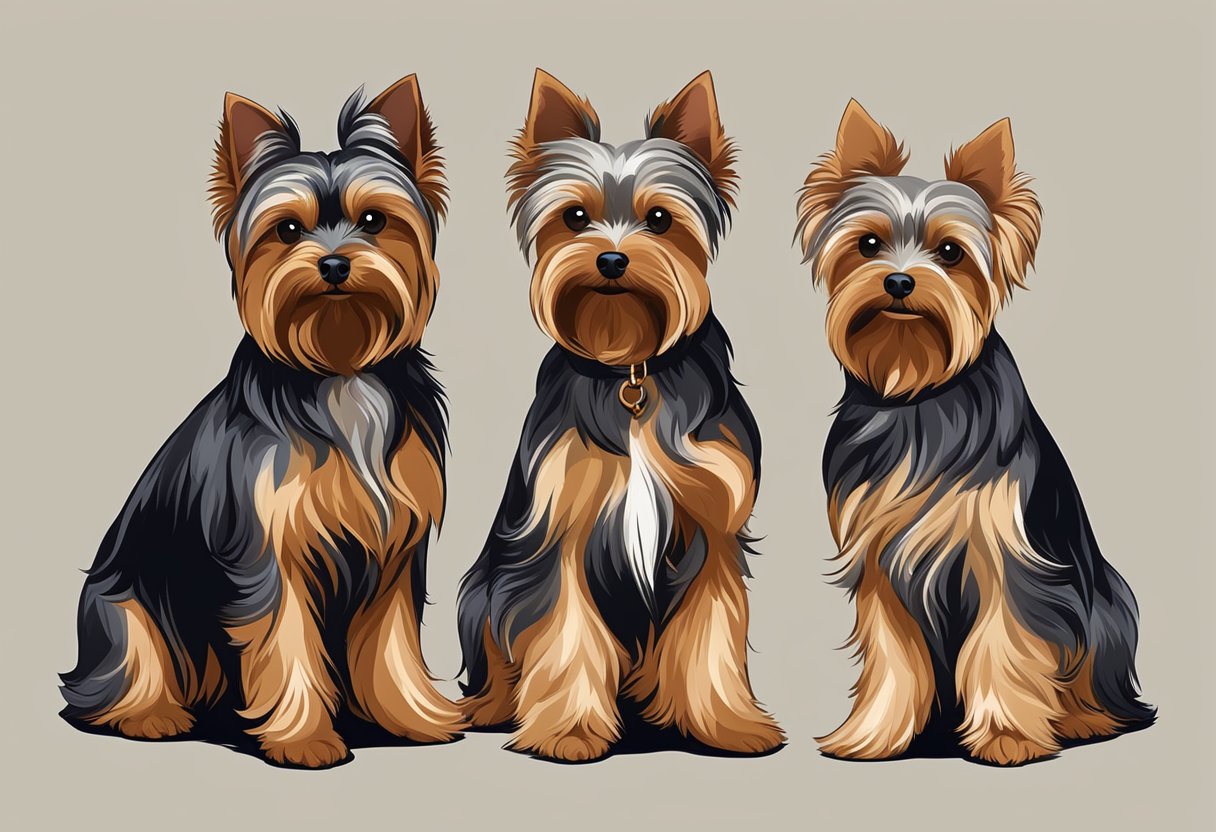 A male and female yorkie stand side by side, the male slightly larger with a confident stance. Both dogs appear healthy and lively, with bright eyes and shiny coats