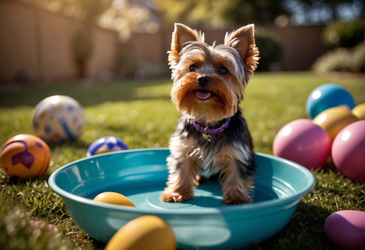 A lively Yorkie plays in a sunny backyard, surrounded by toys and a water bowl. Its shiny coat and alert expression reflect its long lifespan