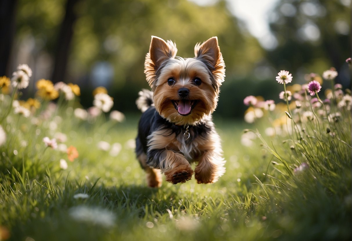 A playful yorkie runs through a sunny park, surrounded by colorful flowers and tall grass. A happy family watches from a distance, smiling at the energetic pup