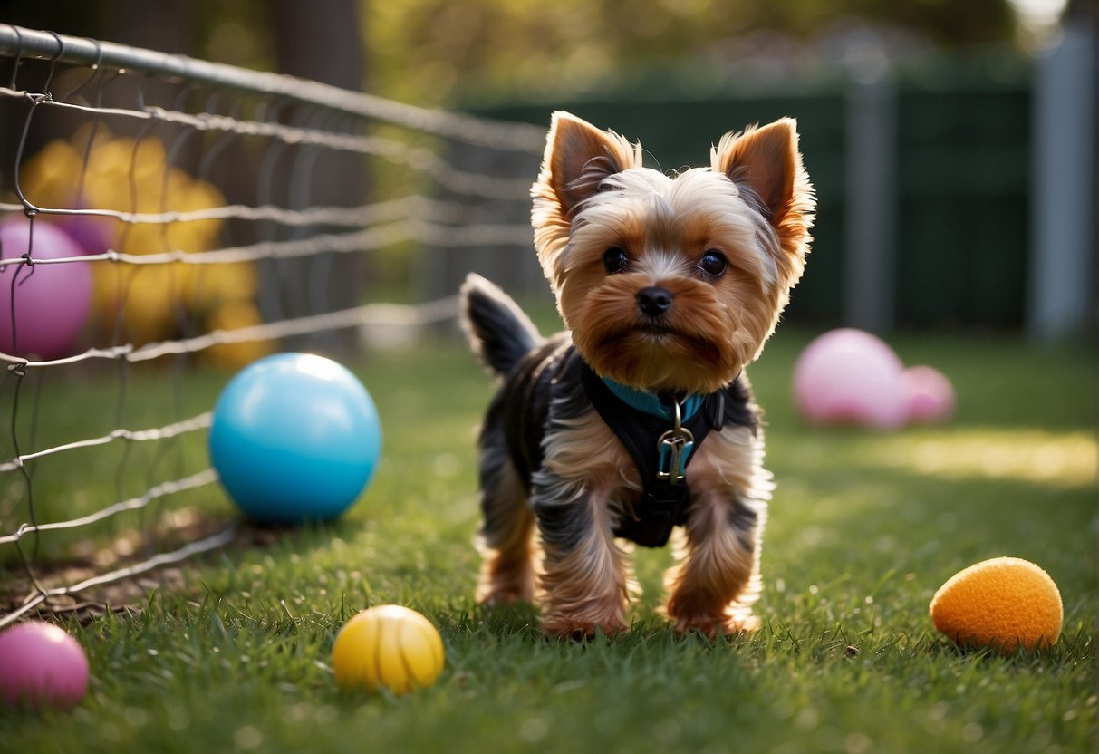 A Yorkie plays in a fenced yard, with toys and fresh water available. A veterinarian checks its health regularly