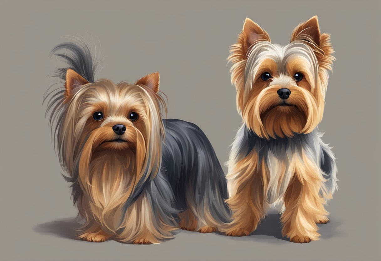 A male yorkie stands tall with a sturdy build, while a female yorkie appears smaller and more delicate, with a softer expression